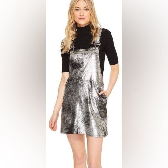 [BLANKNYC] Silver Metallic Overalls Dress Urban Grunge Style Size Large - Picture 1 of 13